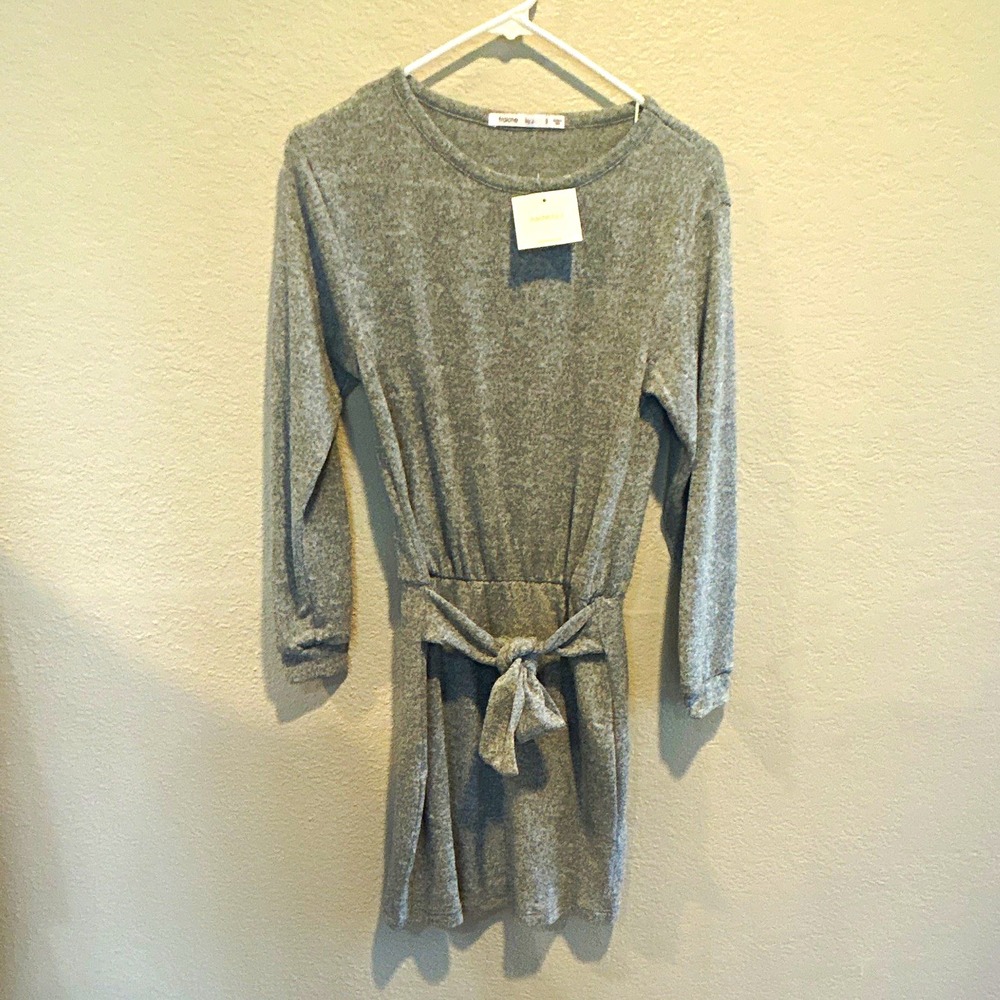 Fraiche by J Women's Knit Tie Front Short Dress Solid Gray Crew Neck S
